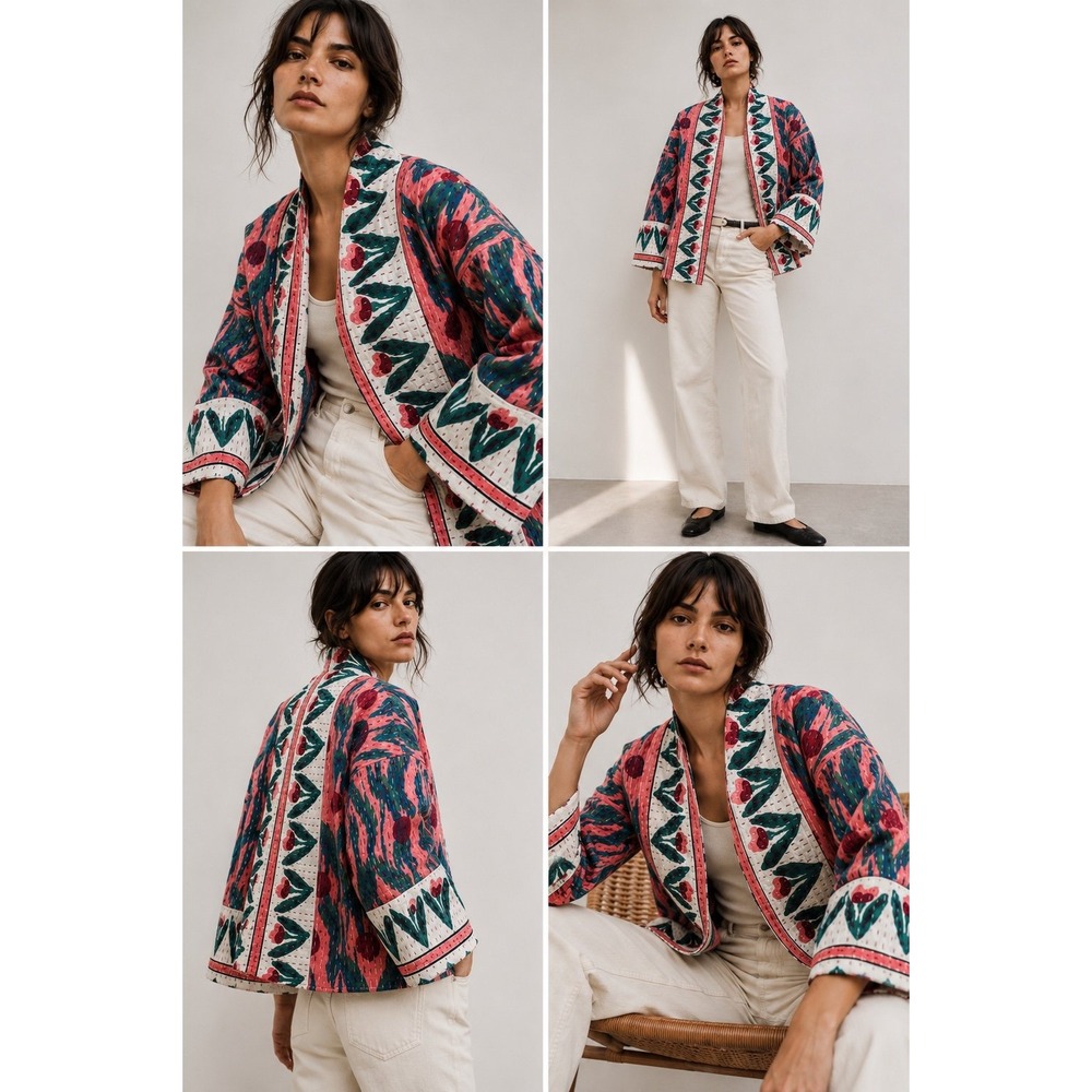 Eleanor James Kantha Collection Quilted Cotton Jacket Pink Floral oversized Sz L